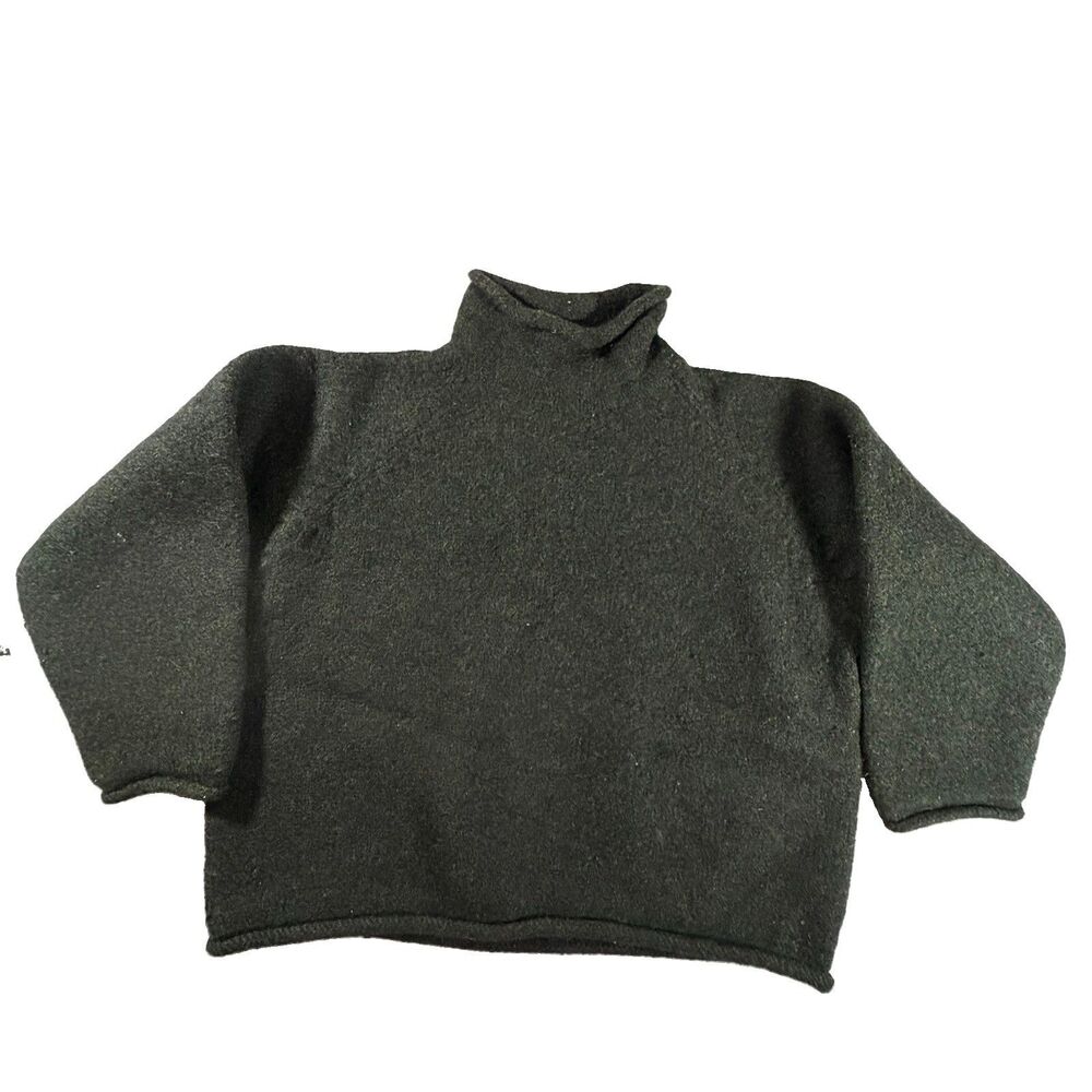Vintage Boiled Wool Sweater Rolled Neck Olive Green Women’s L XL Boxy Nordic